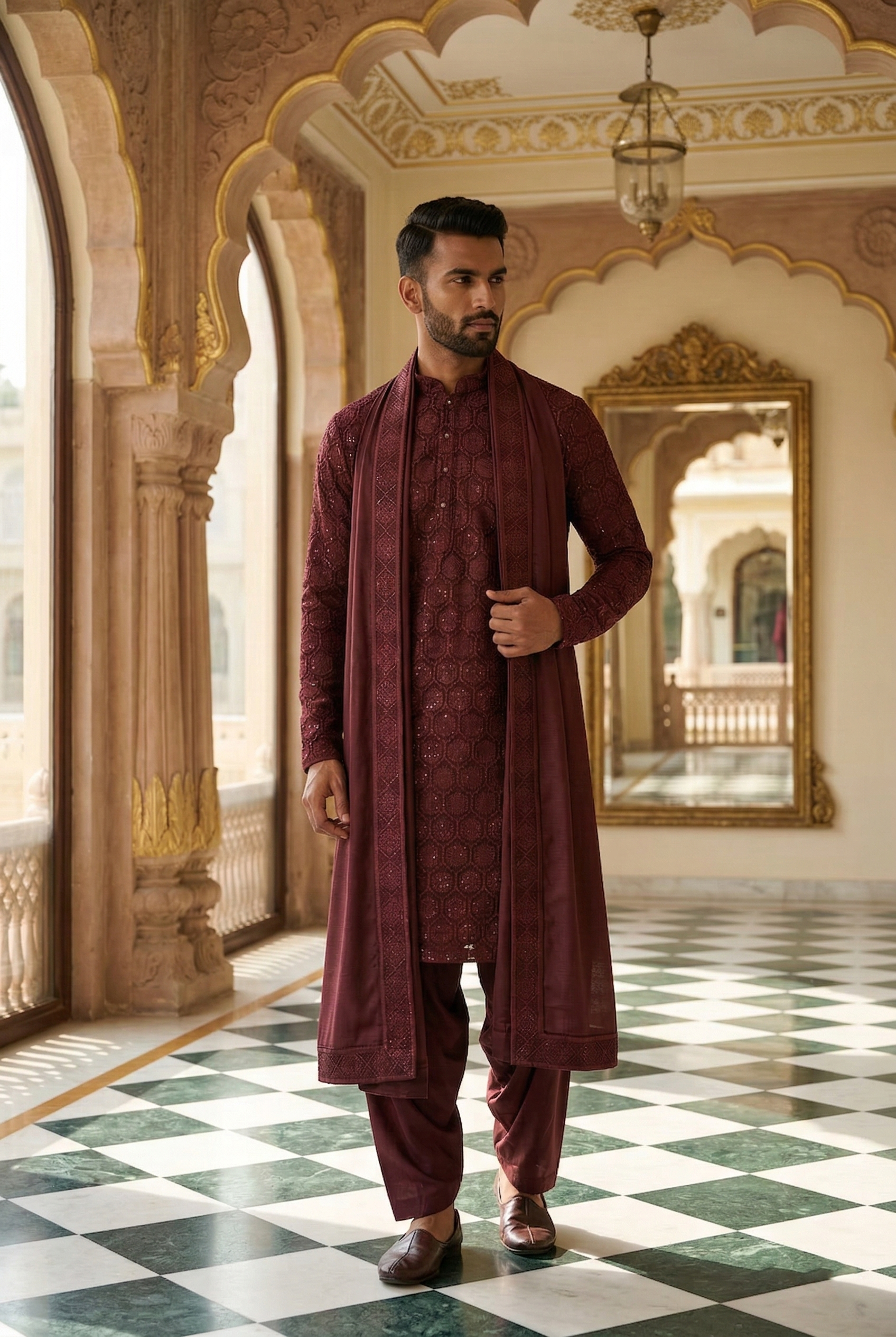 Men's Wine Geometric Sequin Designer Kurta  Pajama