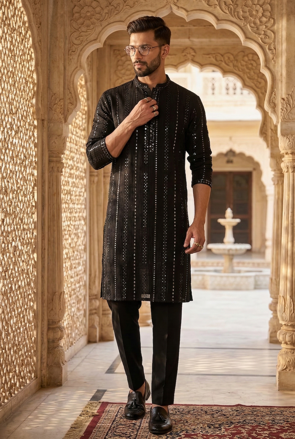 Men’s Midnight Black Sequin Partywear Kurta Pajama