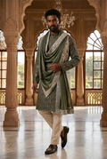 Men's Olive Mirror Work Designer Kurta Pajama with Stole