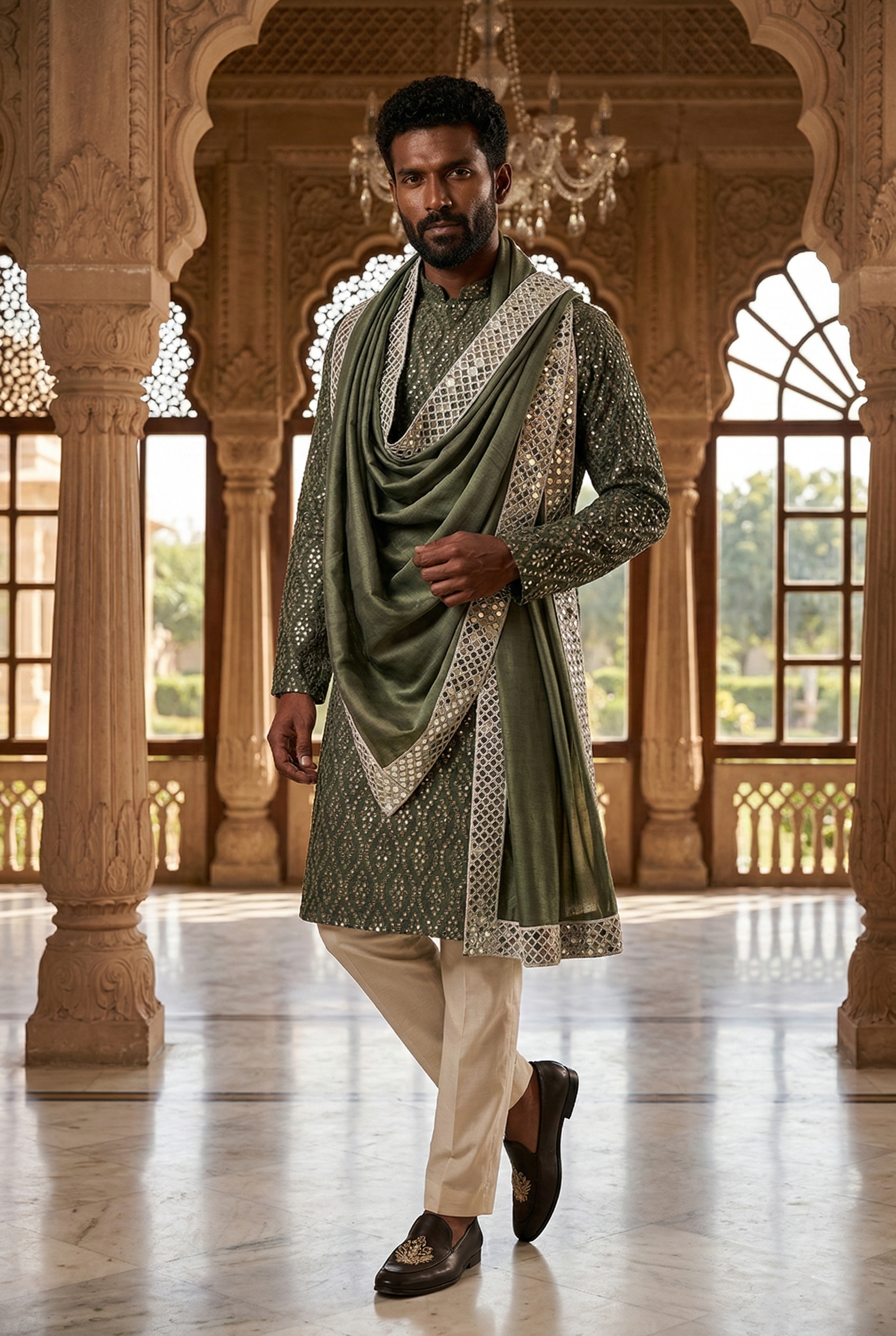 Men's Olive Mirror Work Designer Kurta Pajama with Stole