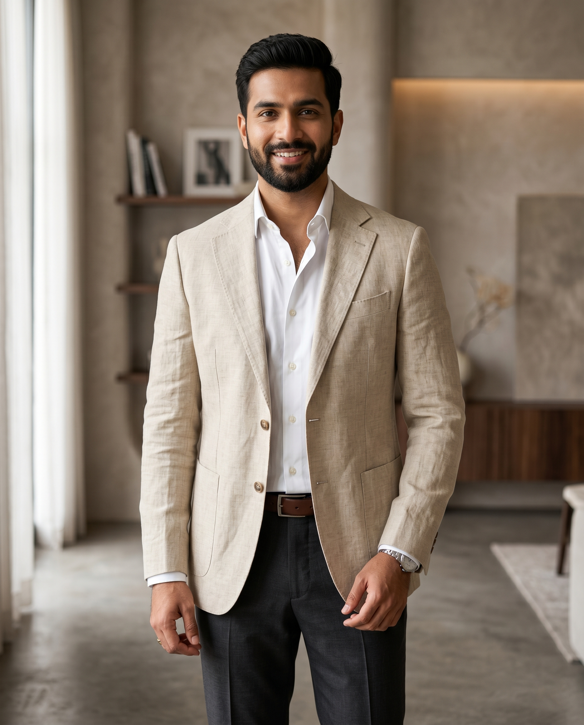 Premium Men's Slim Fit Cream Linen Blazer Textured Single Breasted Suit Jacket