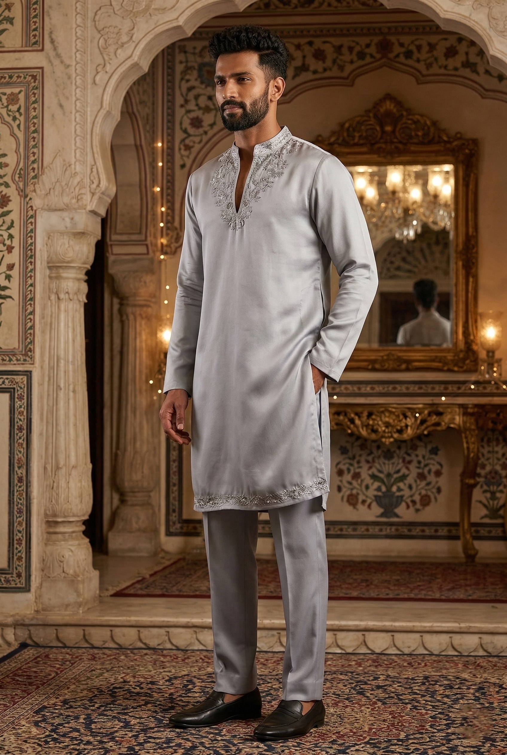 Men’s Silver Silk-Blend Partywear Kurta Pajama