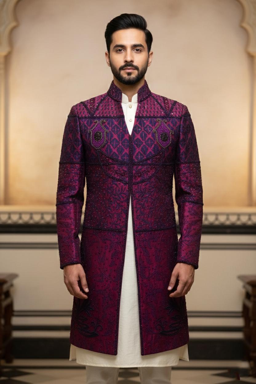 The Royal Amethyst: Hand-Beaded Deep Wine Sherwani