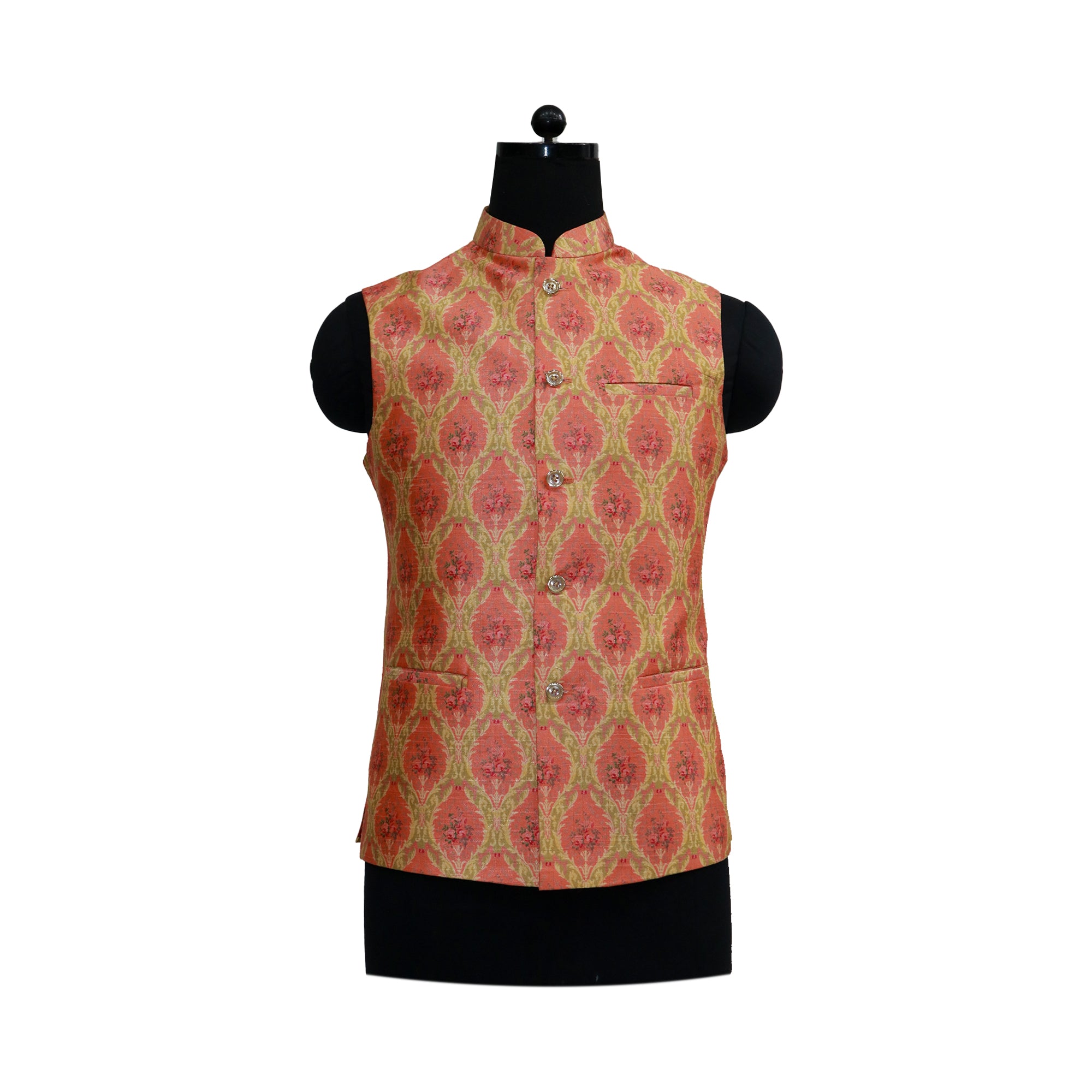 Men’s Red & Gold Patterned Nehru Jacket with Ivory Kurta  Pajama – Royal Festive Wear