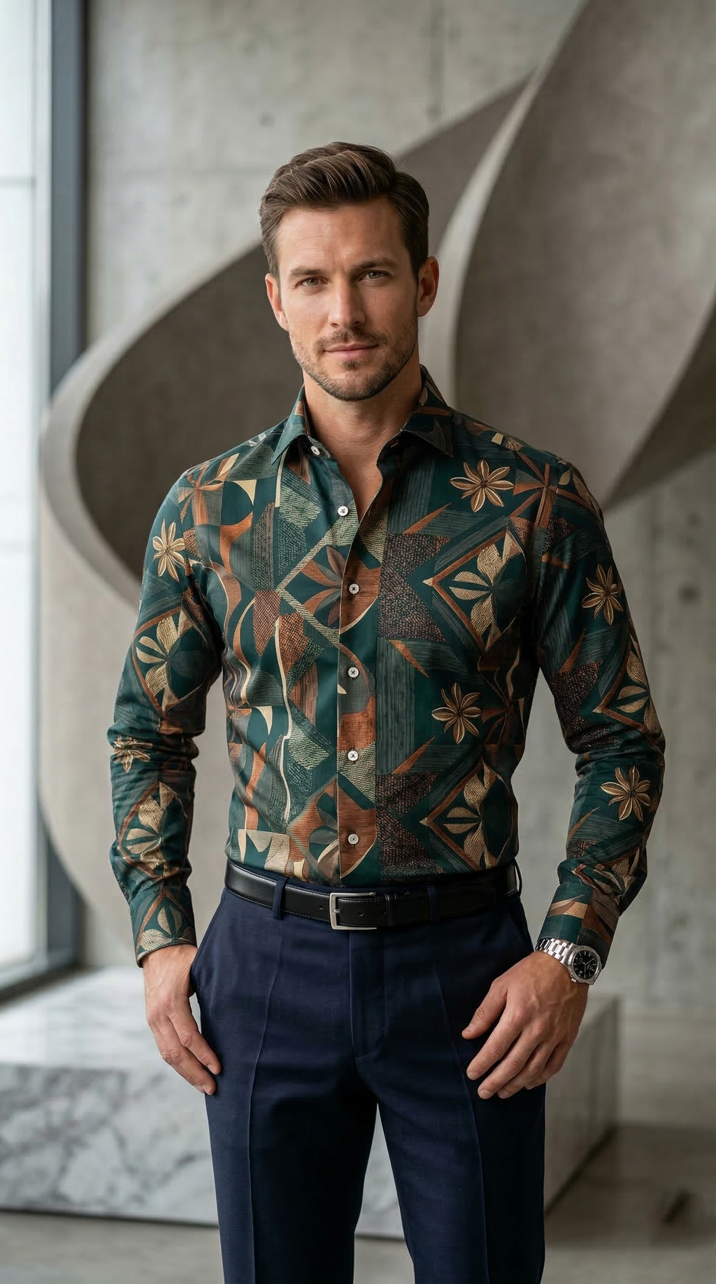 Men’s Designer Slim-Fit Abstract Botanical Mosaic Shirt – Forest & Bronze