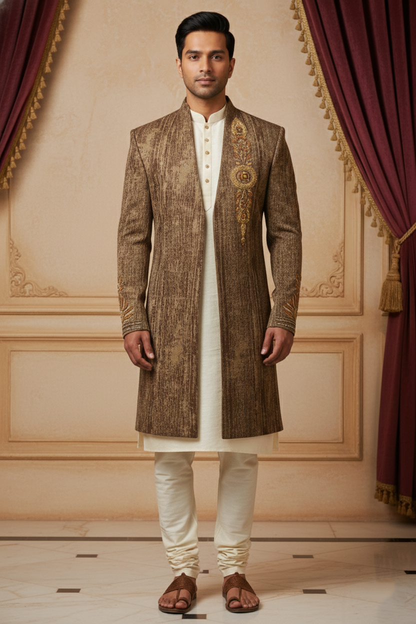 Bronze Earth Textured Open-Front Sherwani