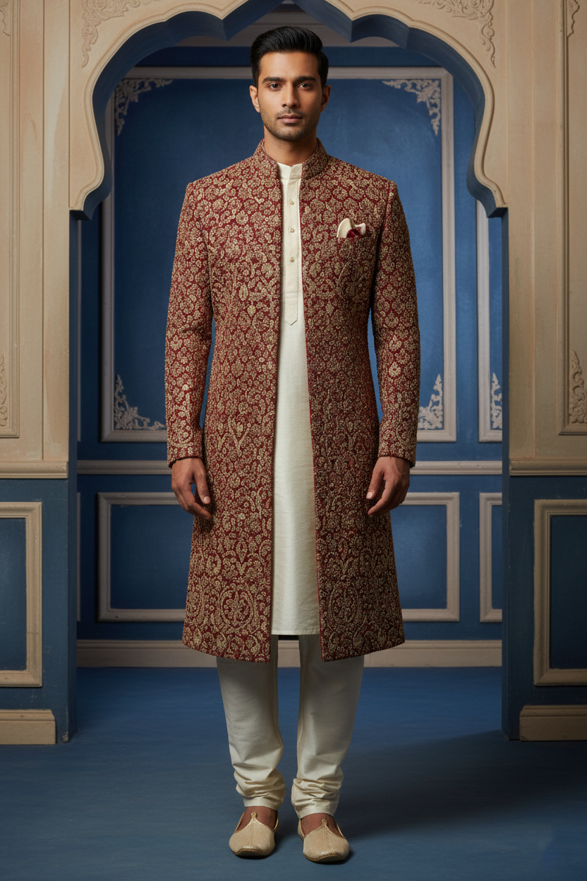 Royal Maroon & Gold Embroidered Wedding Sherwani
