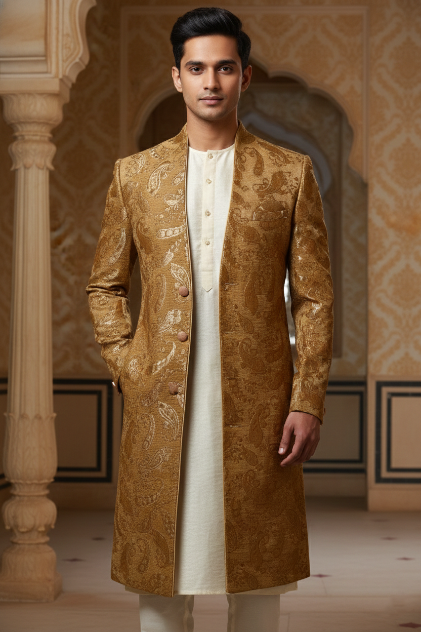 The Gilded Heritage: Gold Brocade Sherwani Set