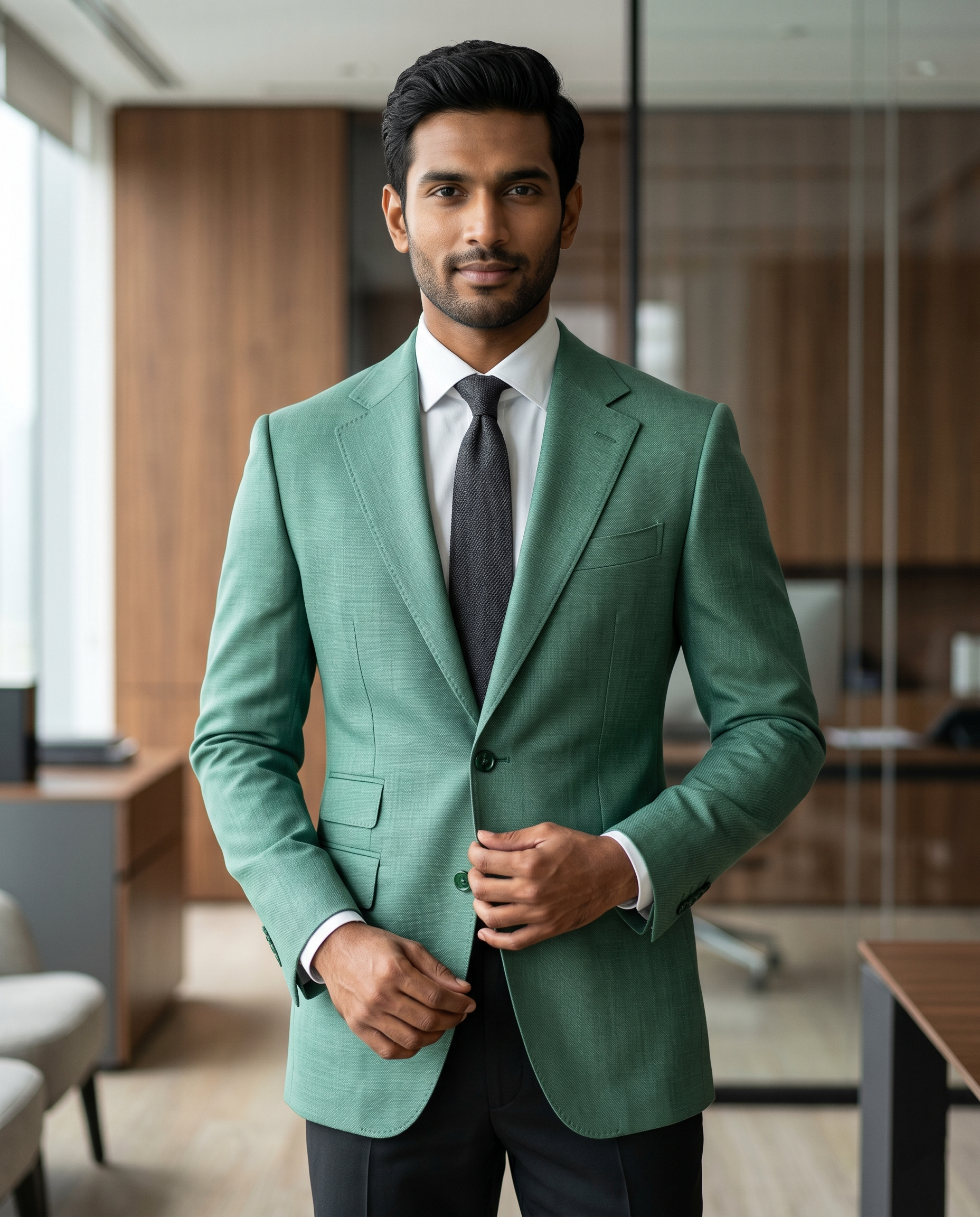 Premium Men's Slim Fit Sage Green Blazer Textured Single Breasted Suit Jacket