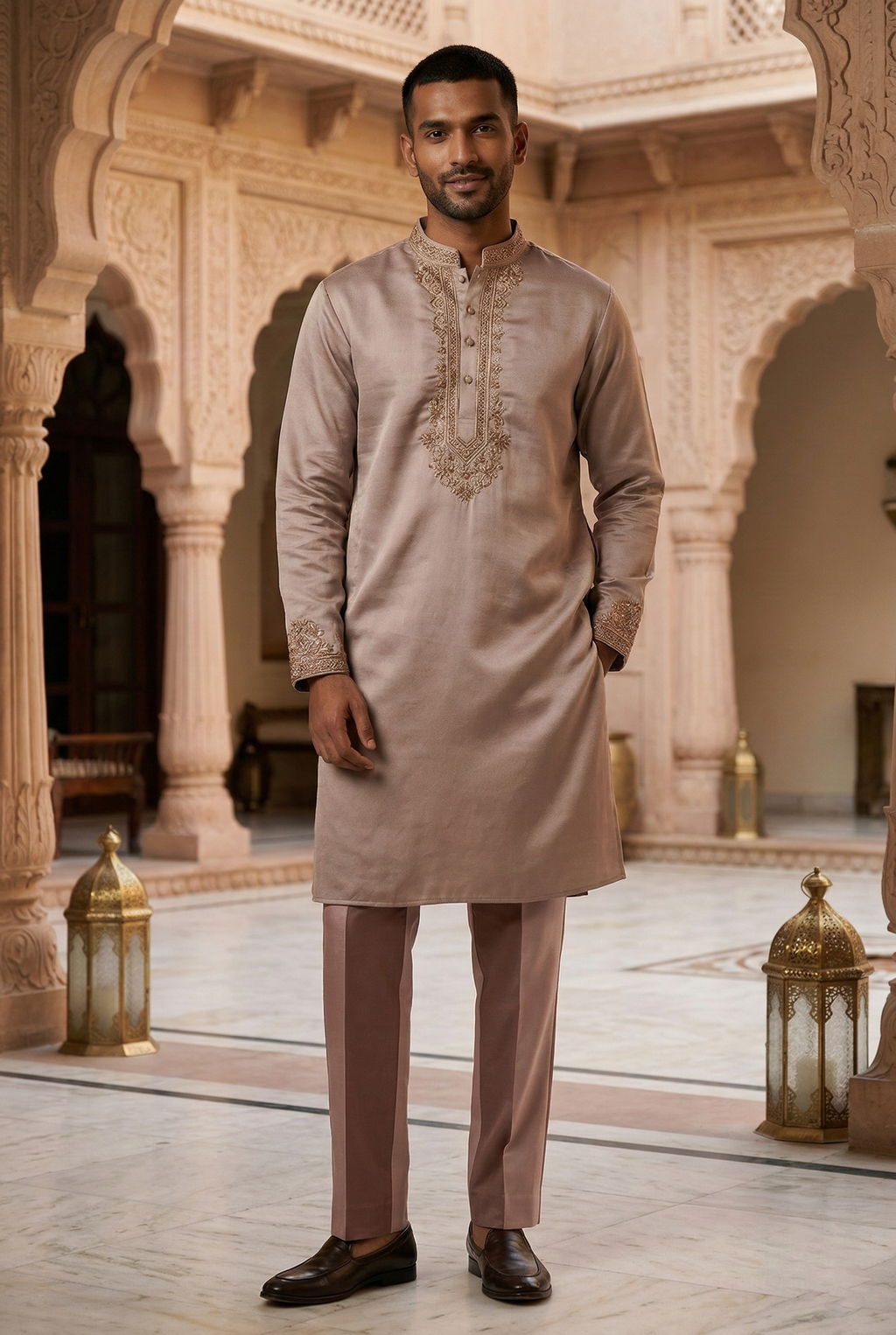 Men’s Taupe Silk Partywear Kurta Pajama Set