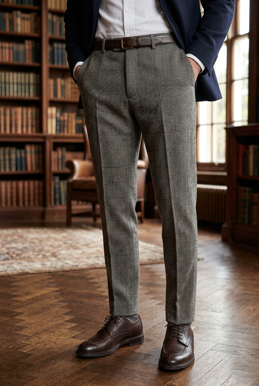 Men's Tailored Charcoal Herringbone Tweed  Trousers