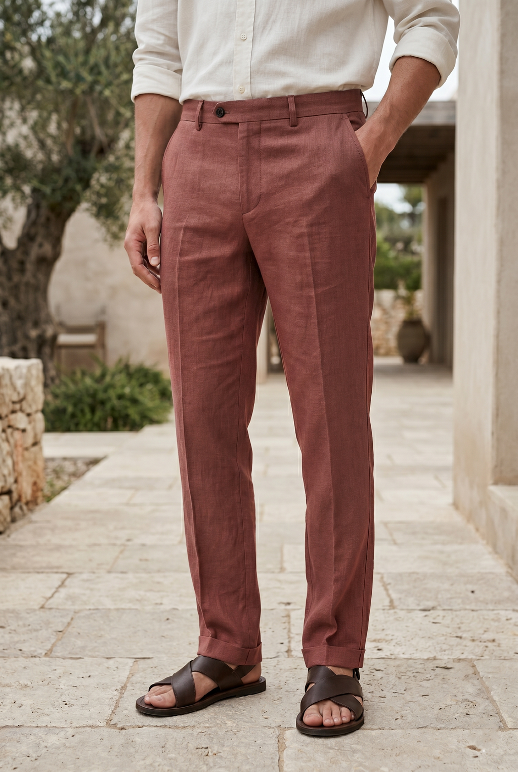 Men's Tailored Slim-Fit Linen Trousers in  Wine