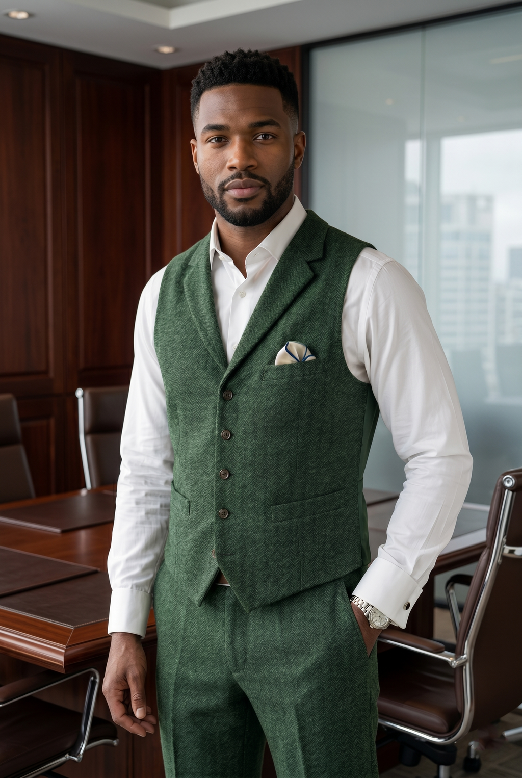 Men's Slim Fit Tweed Waistcoat Vintage Lapel Dress Suit Vest Sage Green