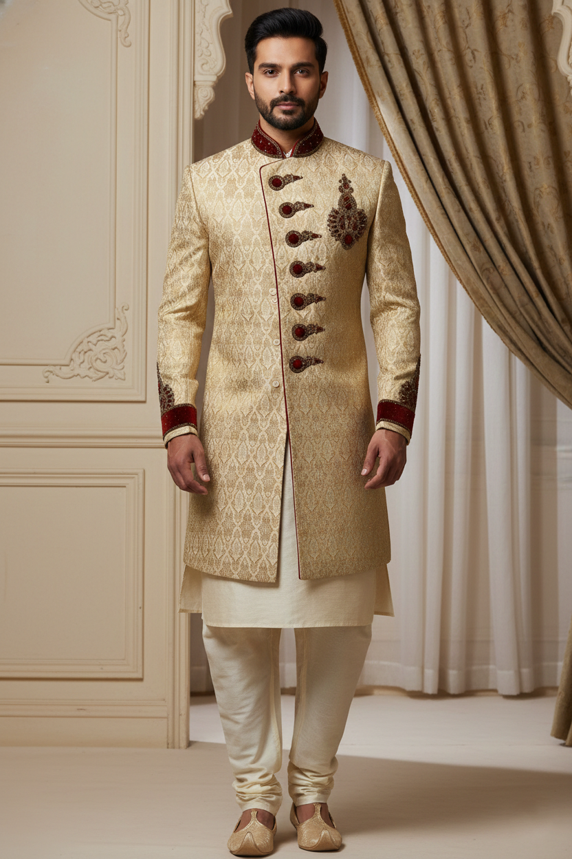 The Imperial Gilded Velvet: Asymmetrical Designer Sherwani
