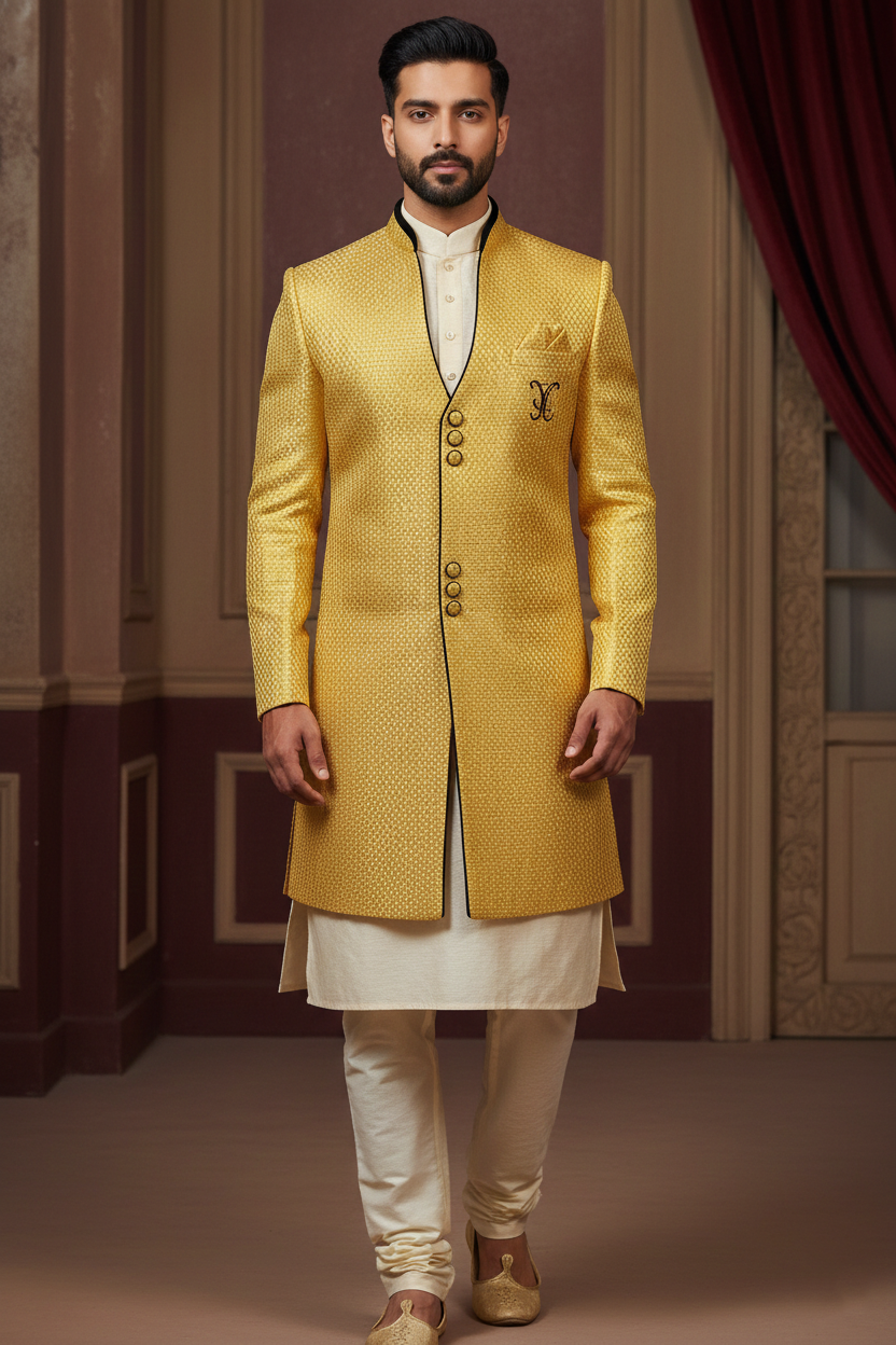 Sun-Kissed Mustard Textured Indo-Western Sherwani