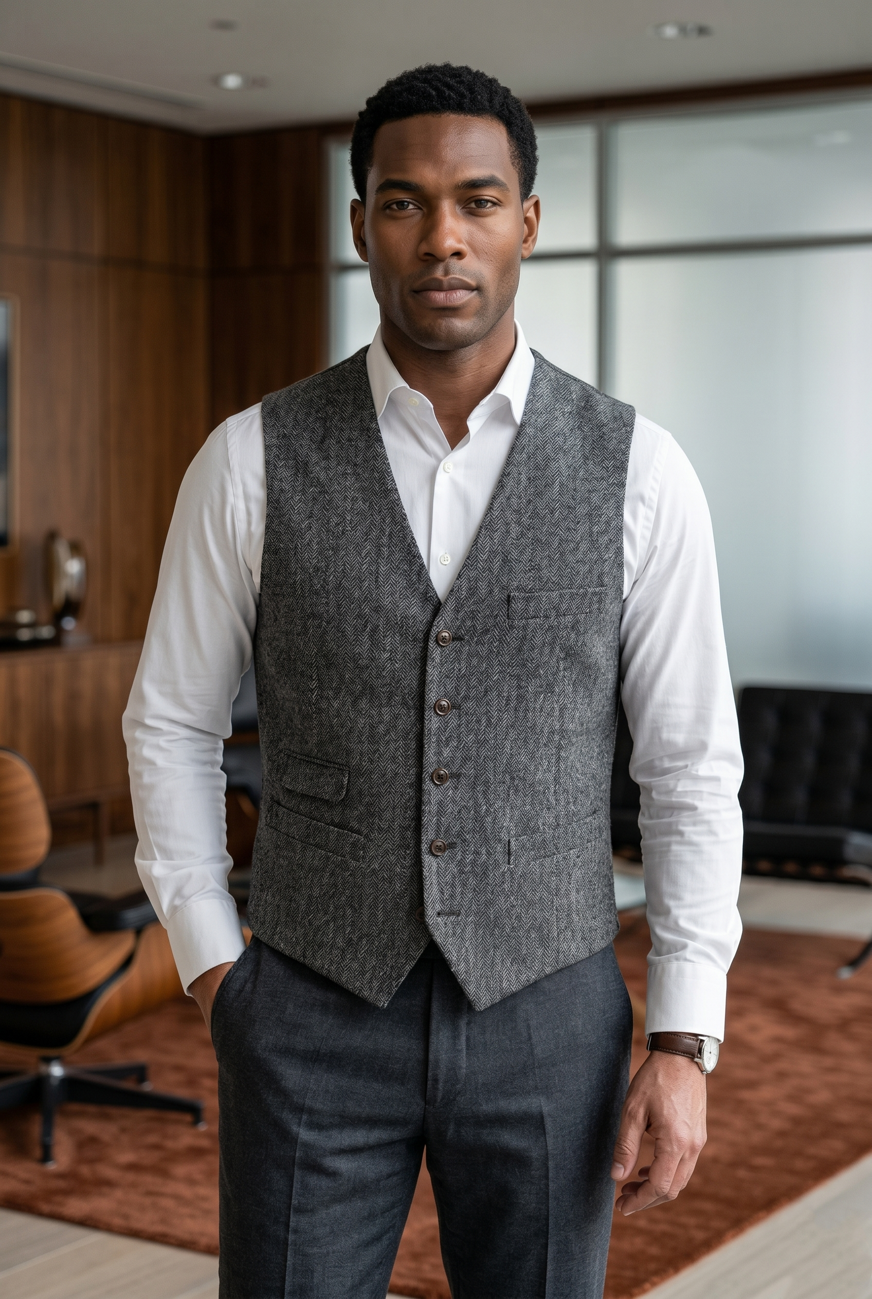 Men's Slim Fit Tweed Waistcoat Vintage Lapel Dress Suit Vest Charcoal Grey