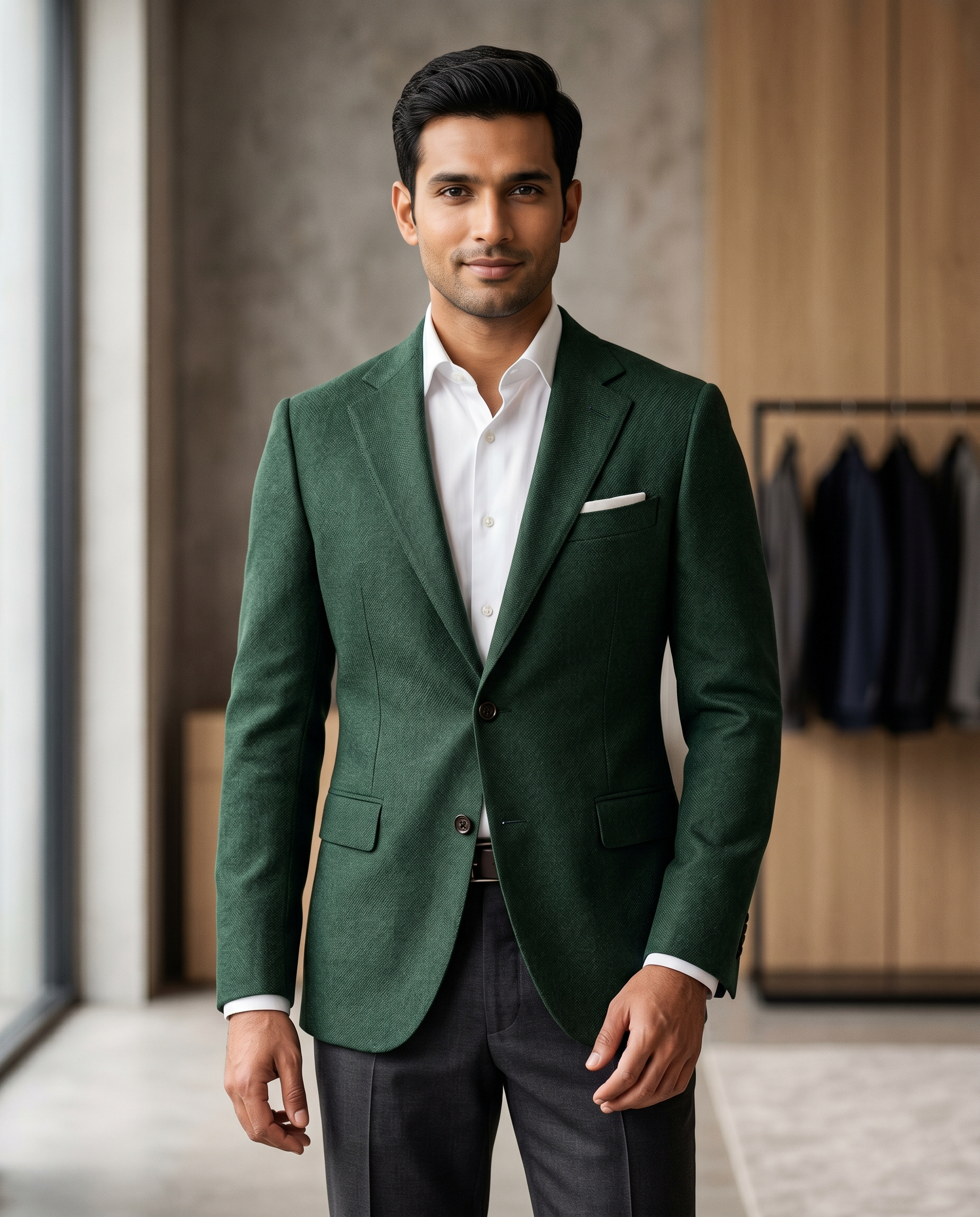 Premium Men's Slim Fit Forest Green Blazer Textured Single Breasted Suit Jacket