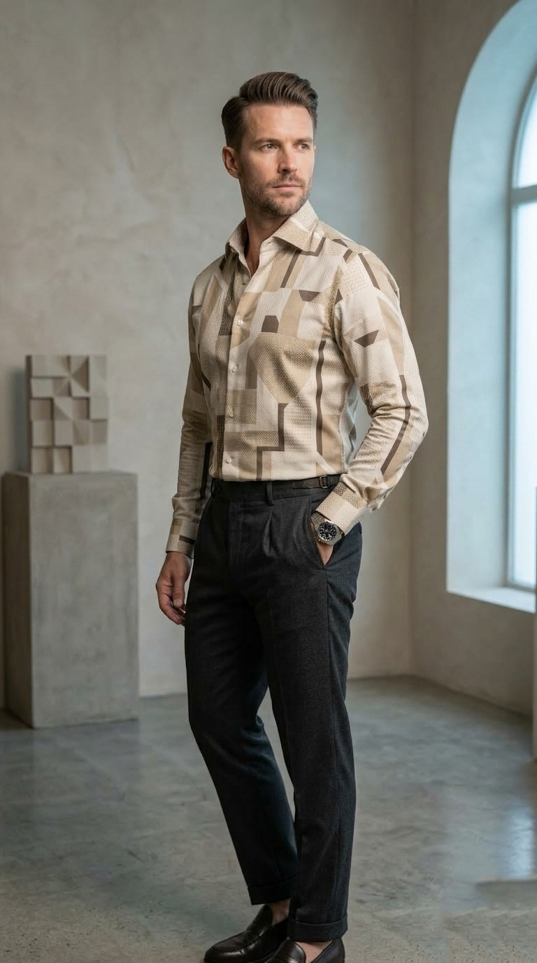 Men's Luxury Designer Geometric Print Button-Down – Slim Fit Abstract Pattern Shirt in Sand & Stone