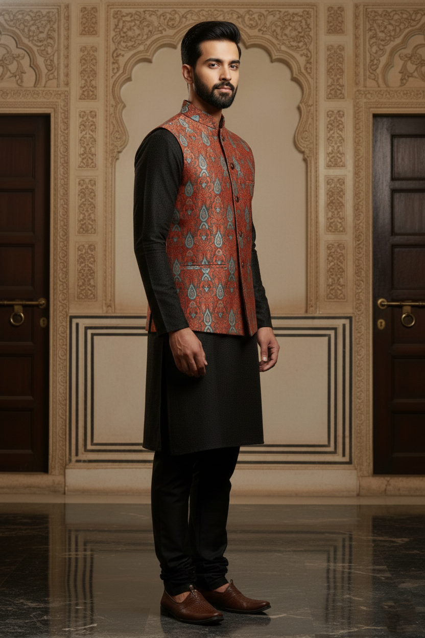Men’s Rust Orange Printed Nehru Jacket | Ethnic Patterned Mandarin Collar Waistcoat for Festive & Wedding Wear
