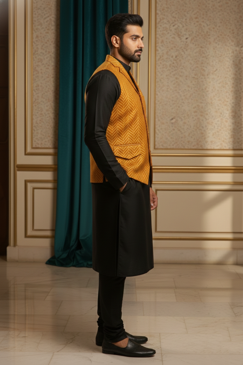 Men’s Mustard Brocade Nehru Jacket | Ethnic Wedding Festive Party Wear Sleeveless Waistcoat with Mandarin Collar for Kurta & Indo Western Outfit