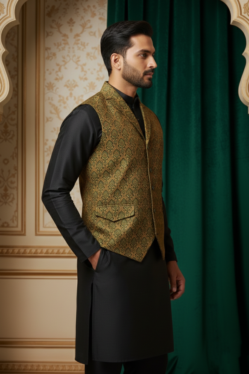 Designer Men’s Brocade Nehru Jacket | Traditional Wedding & Festival Wear Sleeveless Waistcoat with Mandarin Collar