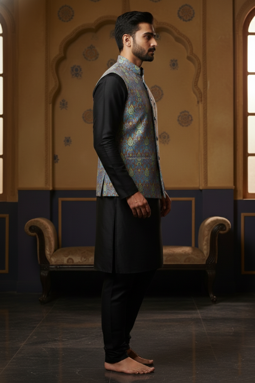 Men’s Blue Printed Nehru Jacket | Ethnic Mandarin Collar Waistcoat for Festive & Wedding Wear