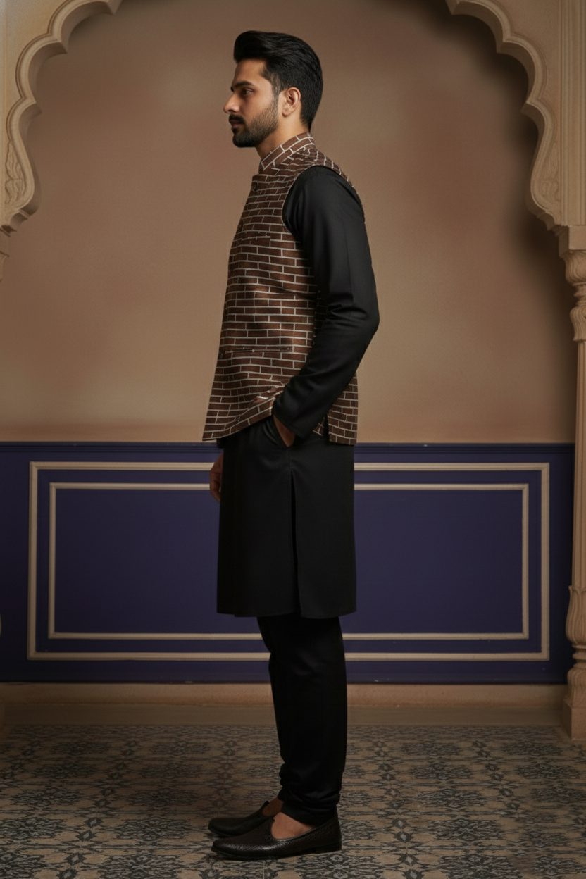 Men’s Brown Nehru Jacket with White Line Pattern