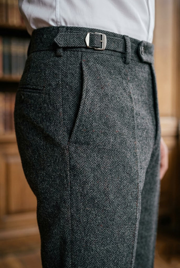 Men's Grey Herringbone Tweed Side-Adjuster Trousers