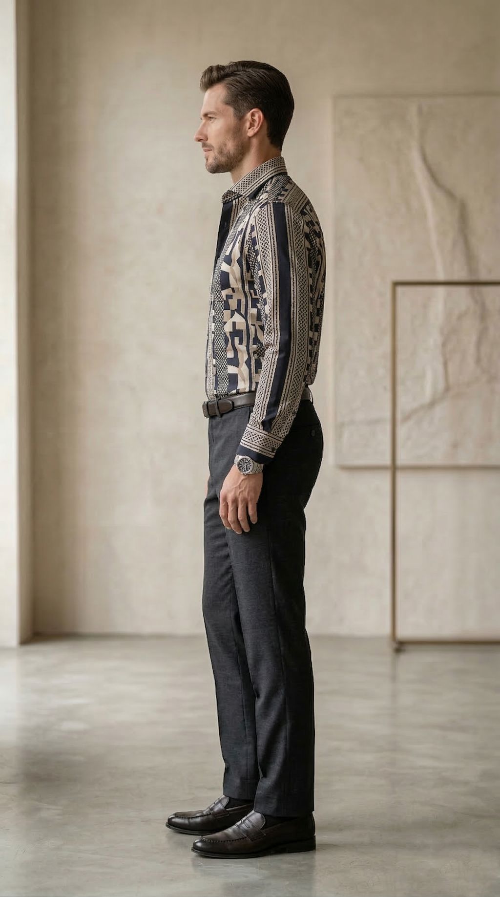 Men’s Slim-Fit Mosaic Geometric Print Silk-Blend Shirt – Midnight & Cream