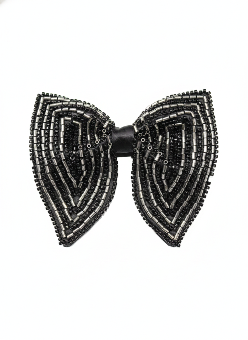 striking Black and Silver Beaded Chevron Luxury Bow Tie