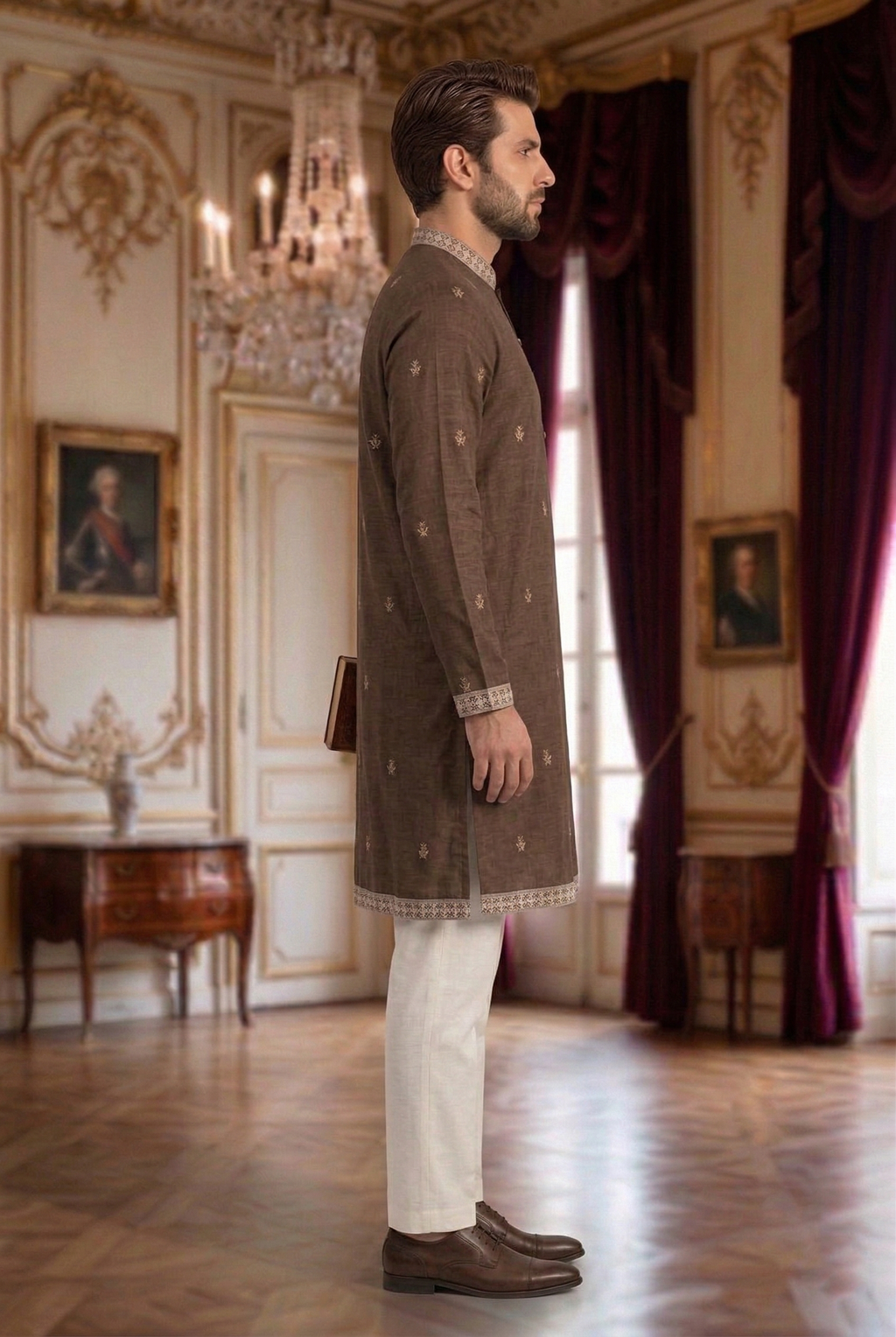 Men's Chocolate Brown Embroidered Kurta with  White Trousers