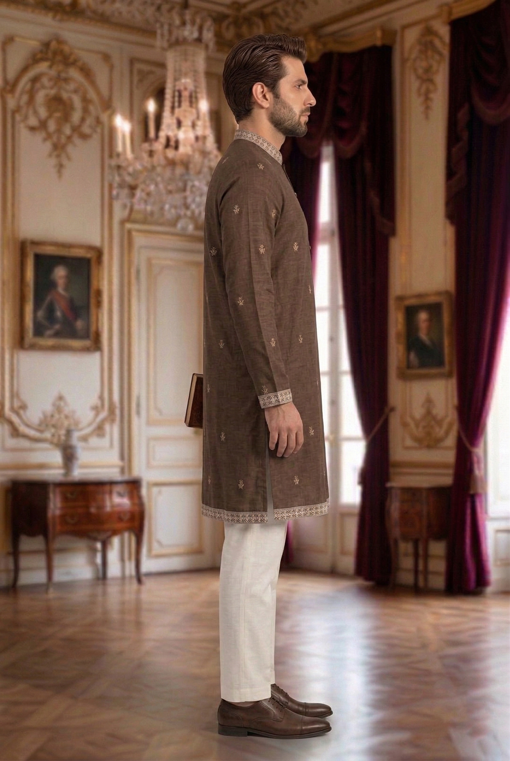 Men's Chocolate Brown Embroidered Kurta with  White Trousers