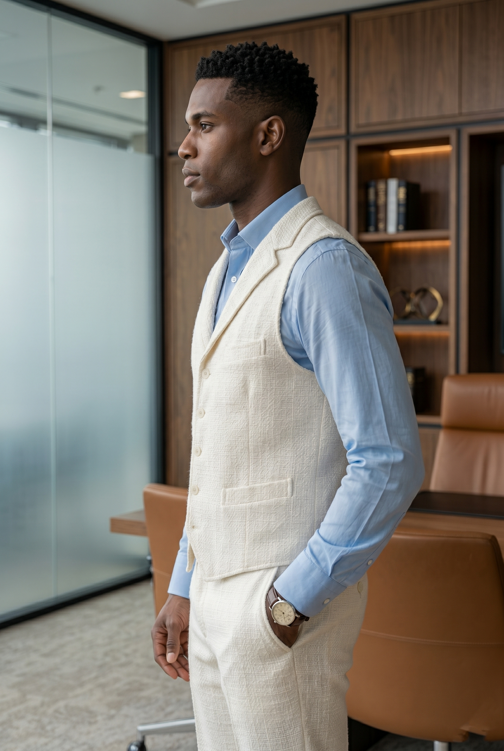 Men's Slim Fit Tweed Waistcoat Vintage Lapel Dress Suit Vest Off White