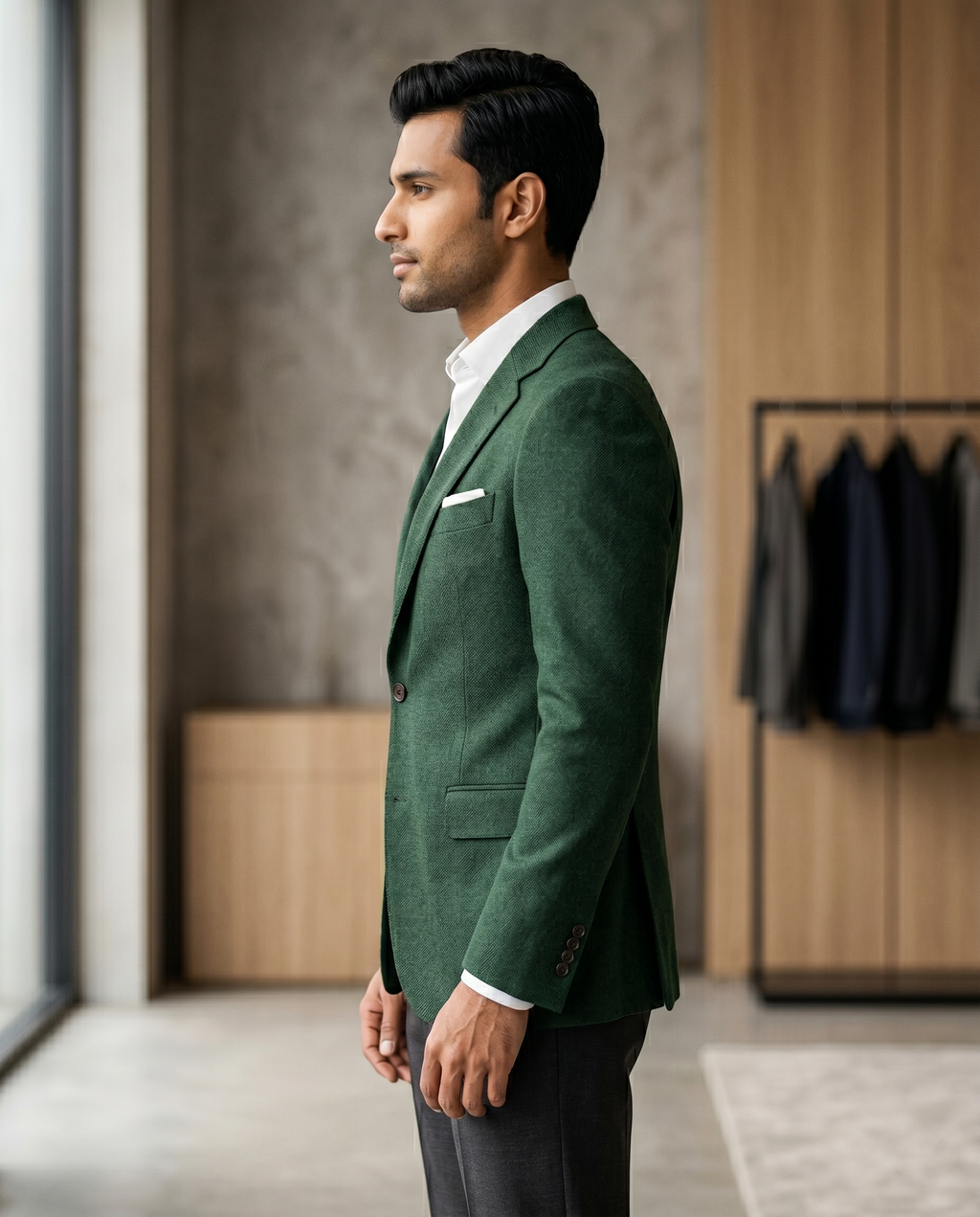 Premium Men's Slim Fit Forest Green Blazer Textured Single Breasted Suit Jacket