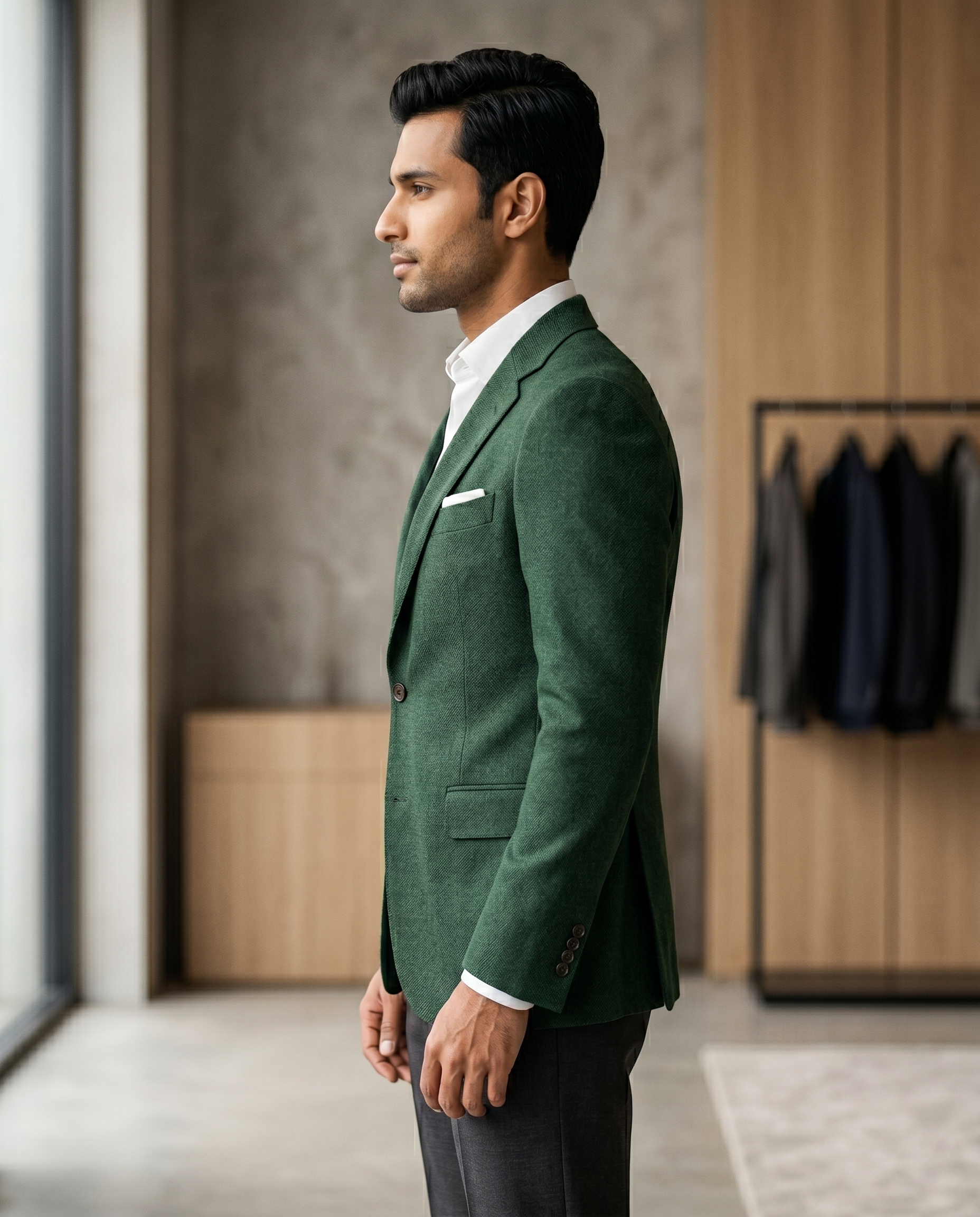Premium Men's Slim Fit Forest Green Blazer Textured Single Breasted Suit Jacket