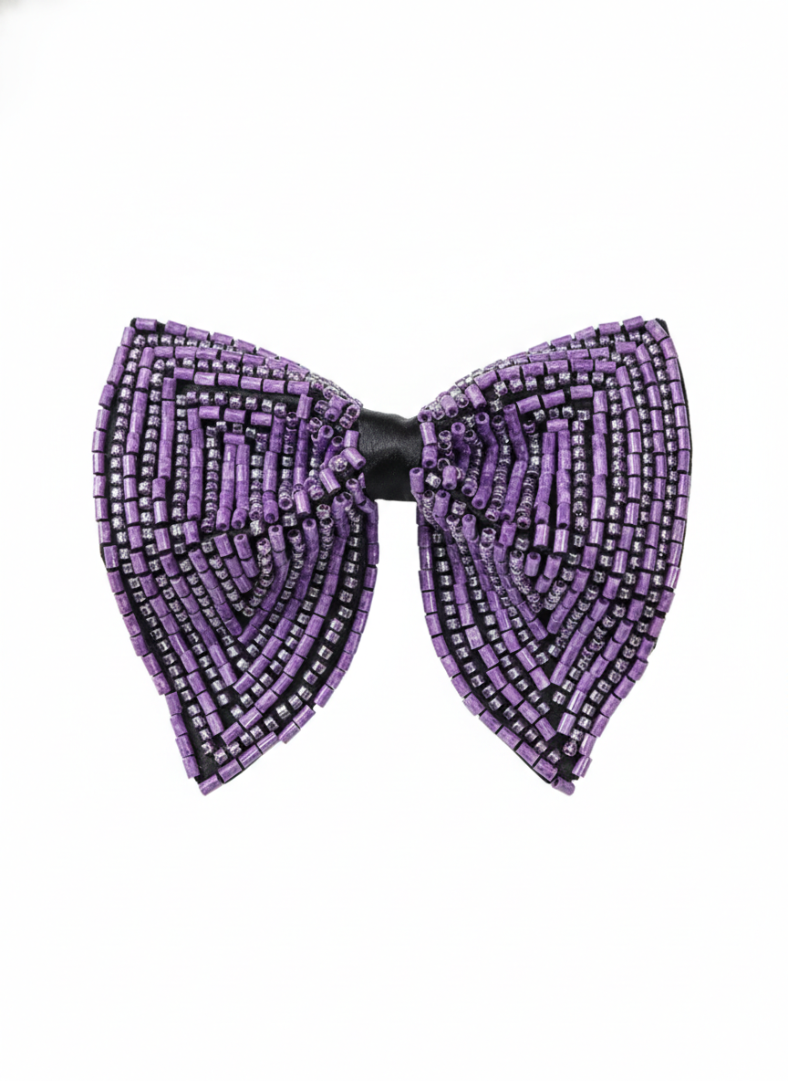 Exquisite Black Bowtie with Geometric Purple Bugle Beads