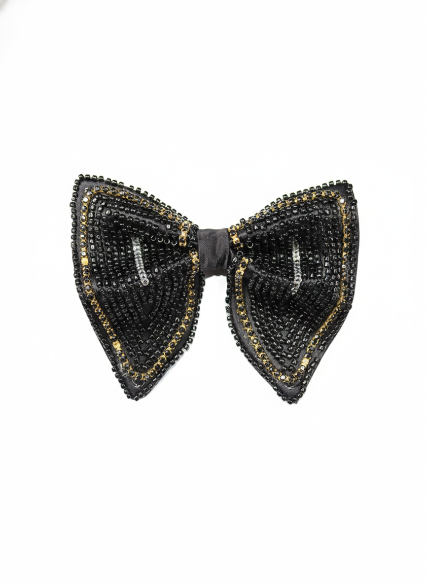 Glamorous Black Gold and Silver Beaded Luxury Bow Tie