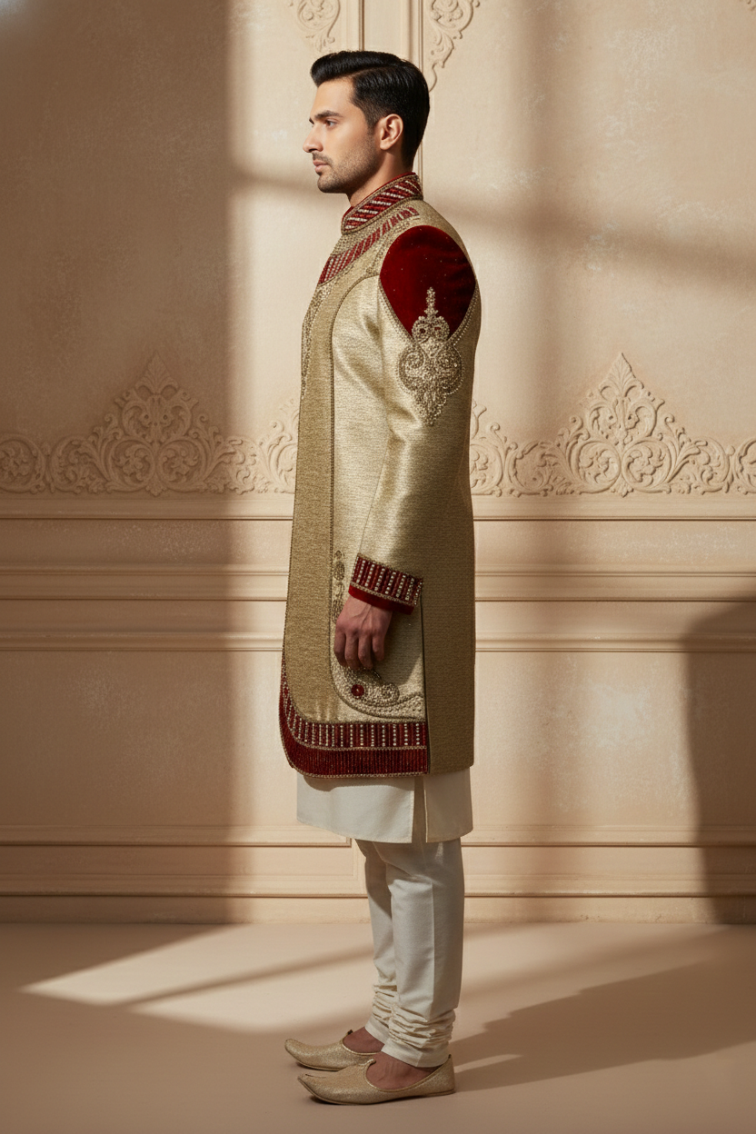 Royal Gold & Crimson Velvet Indo-Western Sherwani