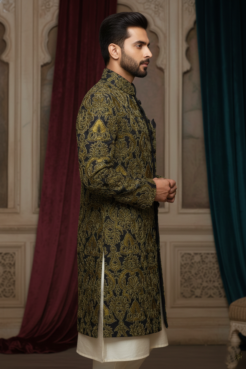 Golden Olive Baroque Fusion Indo-Western Sherwani
