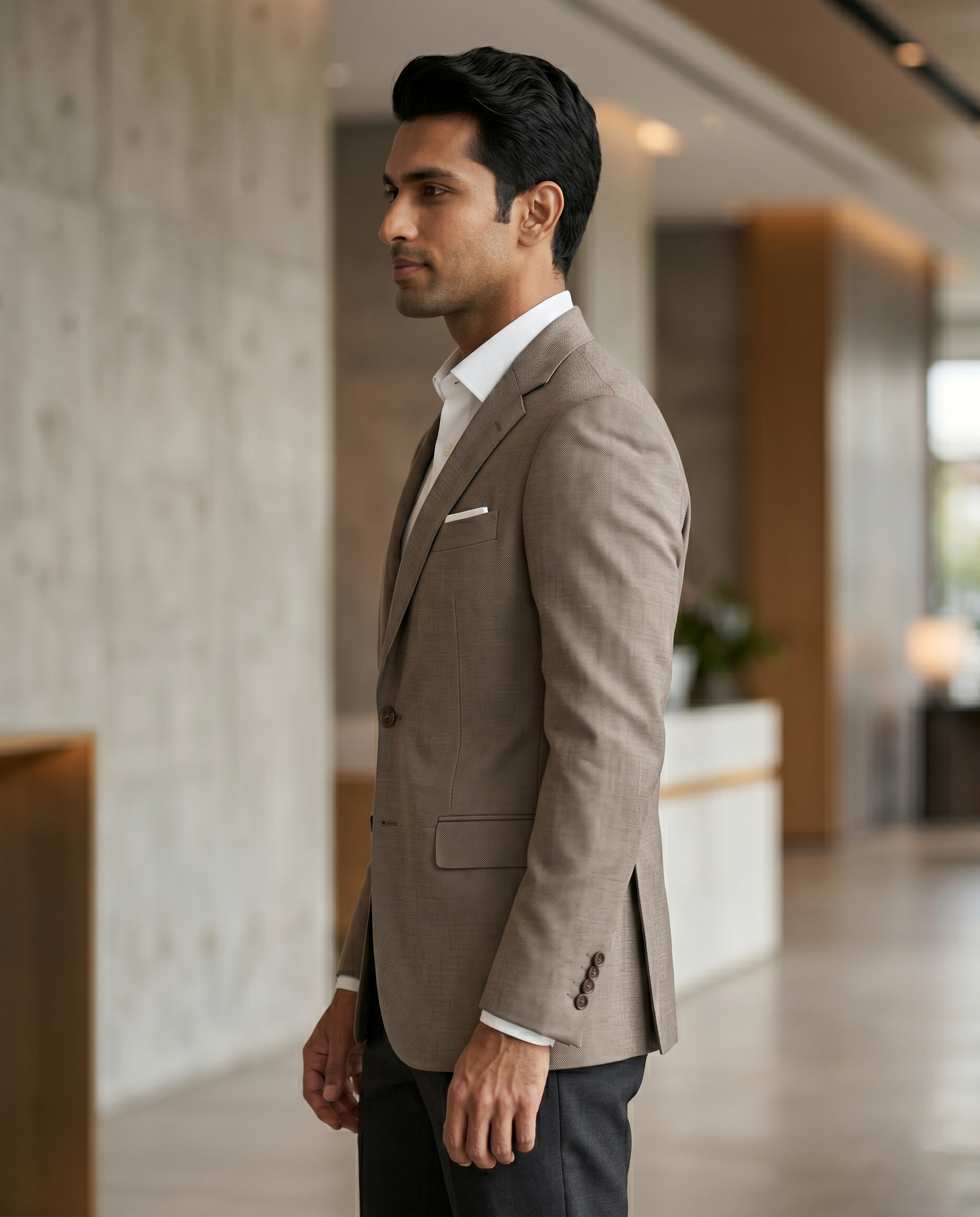 Premium Men's Slim Fit Taupe Brown Blazer Textured Single Breasted Suit Jacket