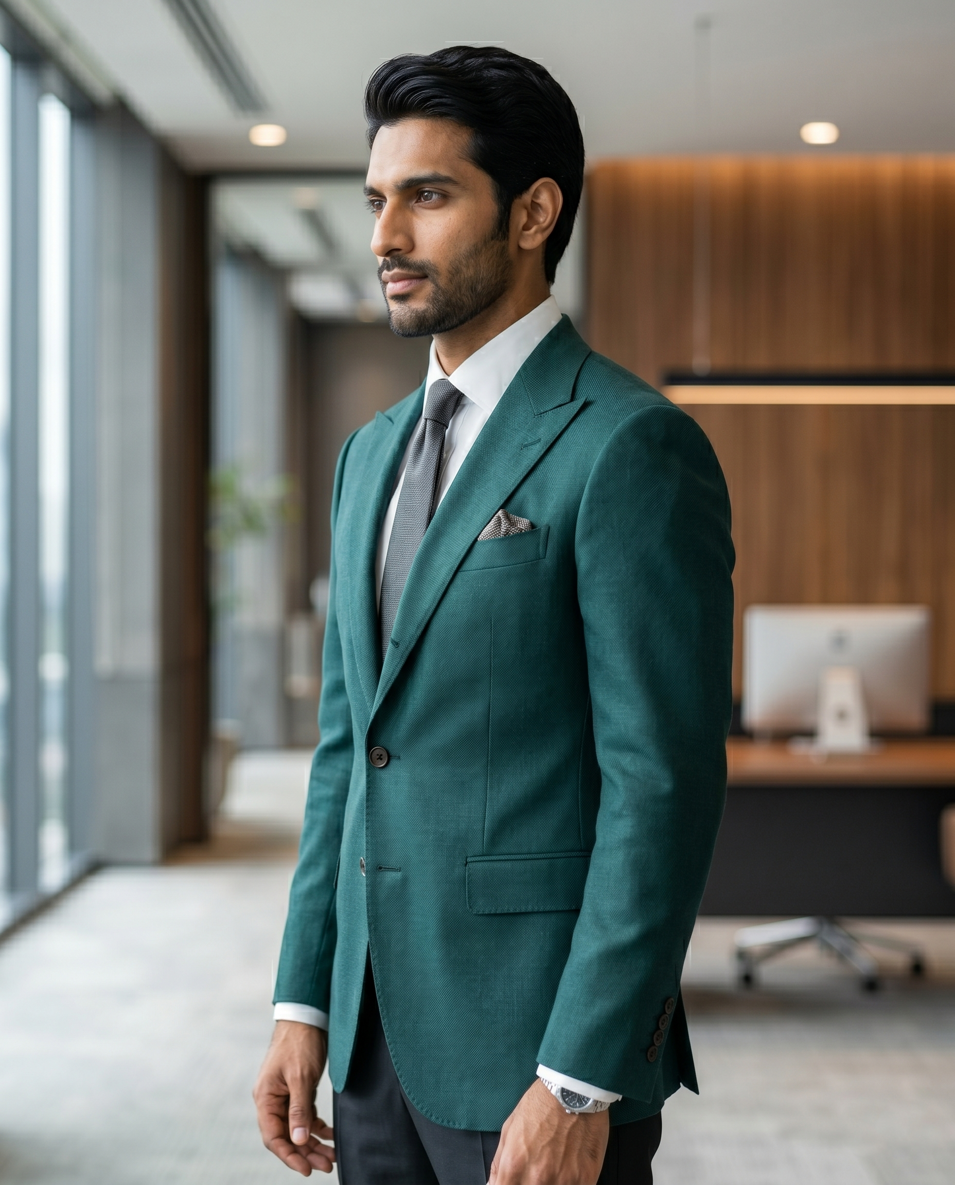 Premium Men's Slim Fit Teal Green Blazer Textured Single Breasted Suit Jacket