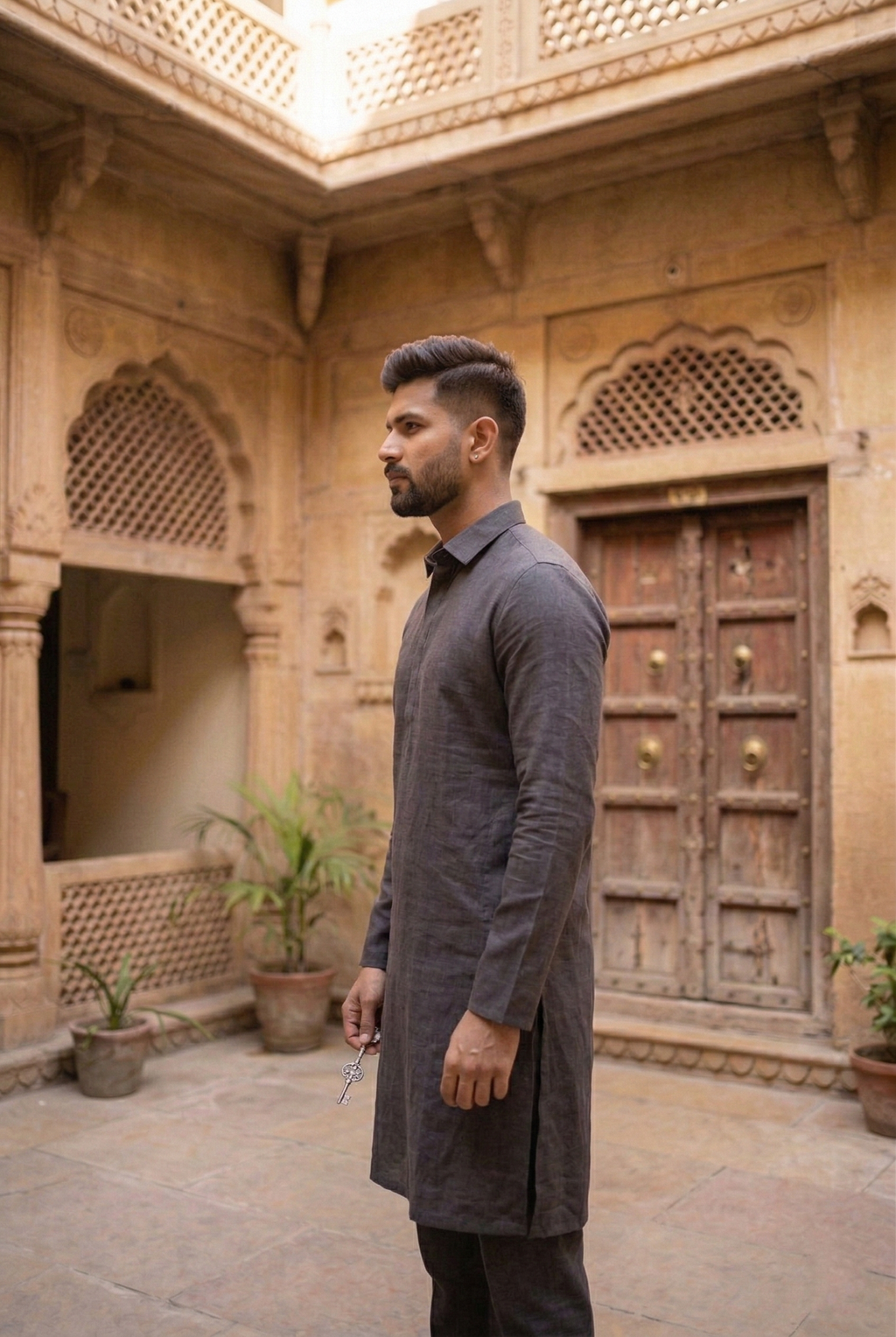 Men's Charcoal Grey Linen-Blend Plain Kurta Pajama  Set