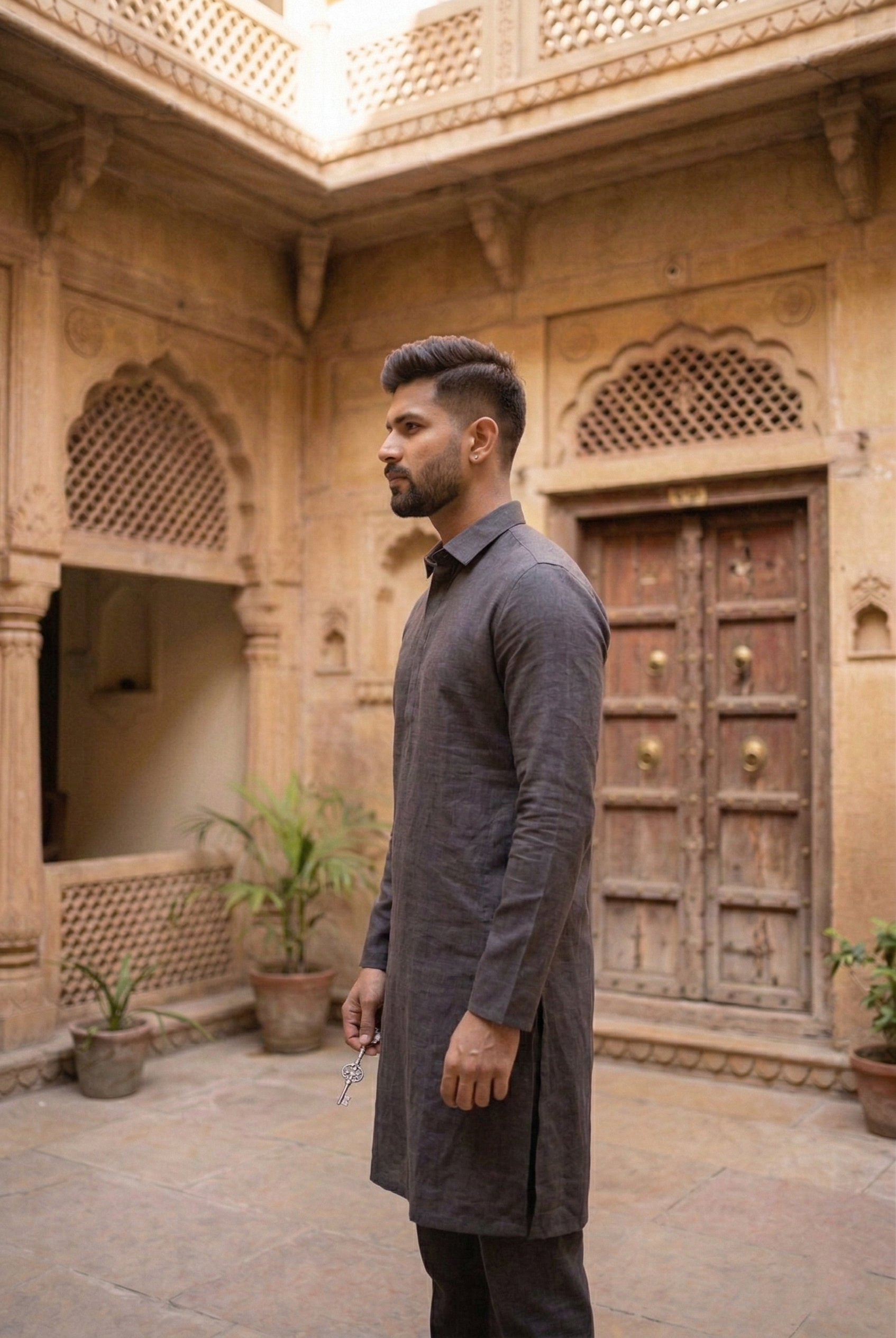 Men's Charcoal Grey Linen-Blend Plain Kurta Pajama  Set