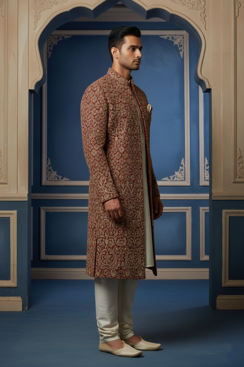 Royal Maroon & Gold Embroidered Wedding Sherwani
