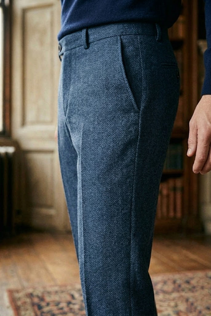 Men's Indigo Blue Herringbone Tweed Tailored Trousers
