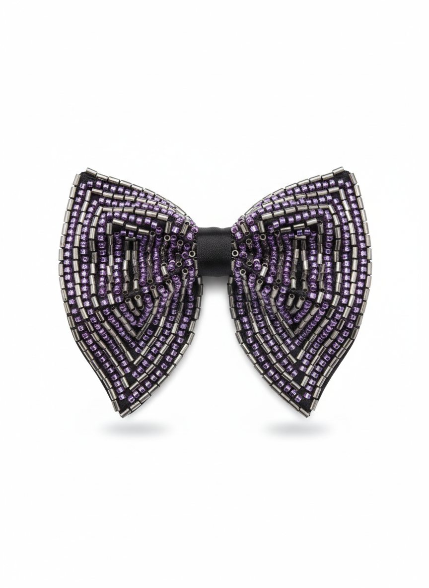 Luxurious Purple and Silver Beaded Bow Tie Fashion Accessory