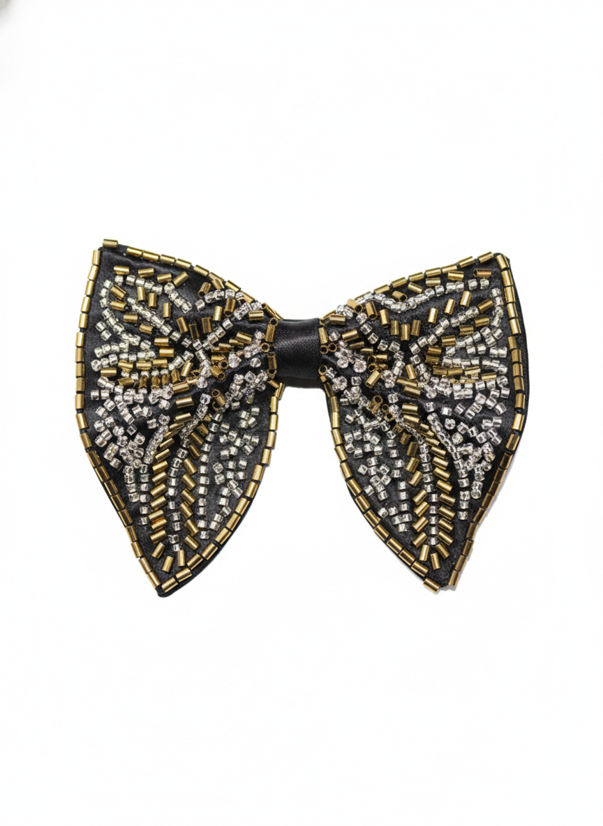 Glamorous Gold Silver and Black Beaded Statement Bow Tie Accessory