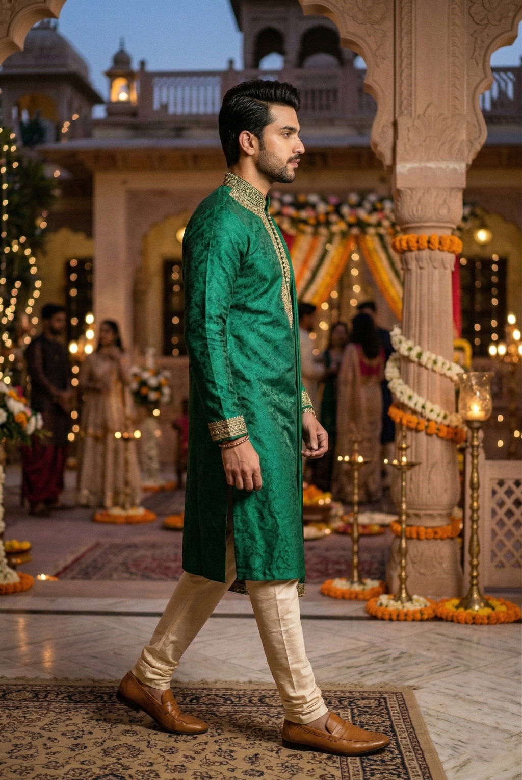 Men's Emerald Green Silk Kurta with Gold  Embroidery