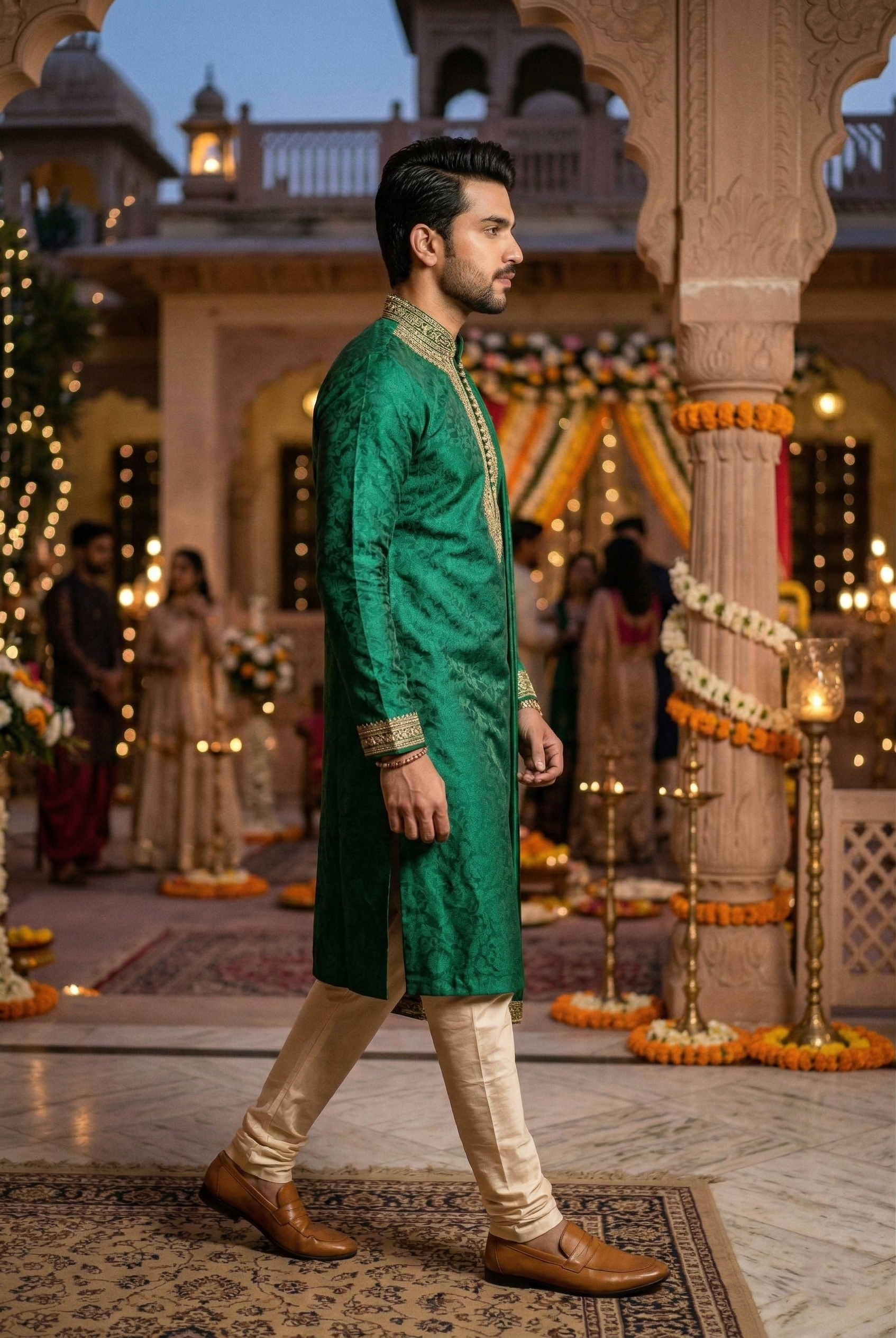 Men's Emerald Green Silk Kurta with Gold  Embroidery
