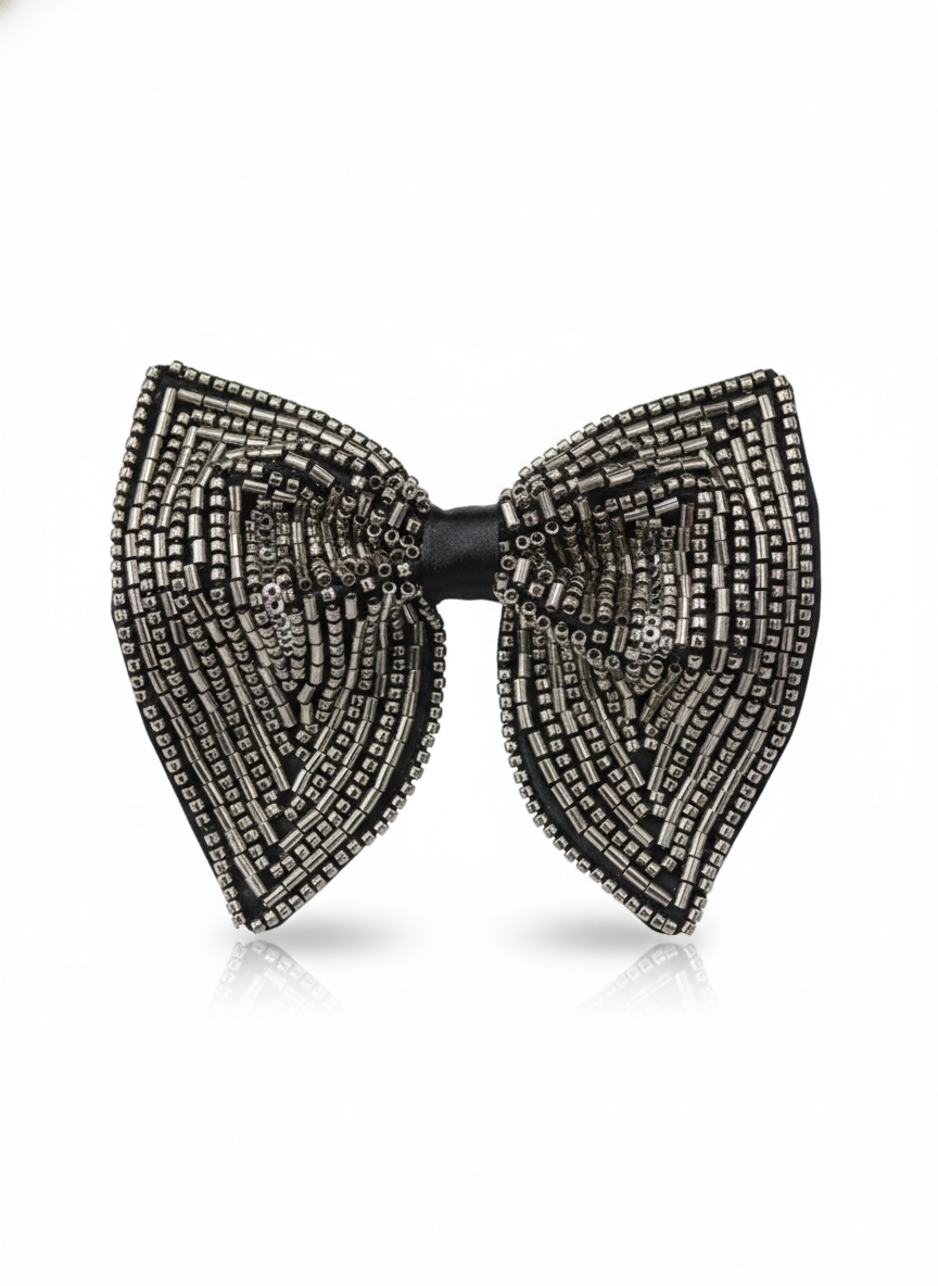 Striking Silver and Black Beaded Chevron Luxury Bow Tie